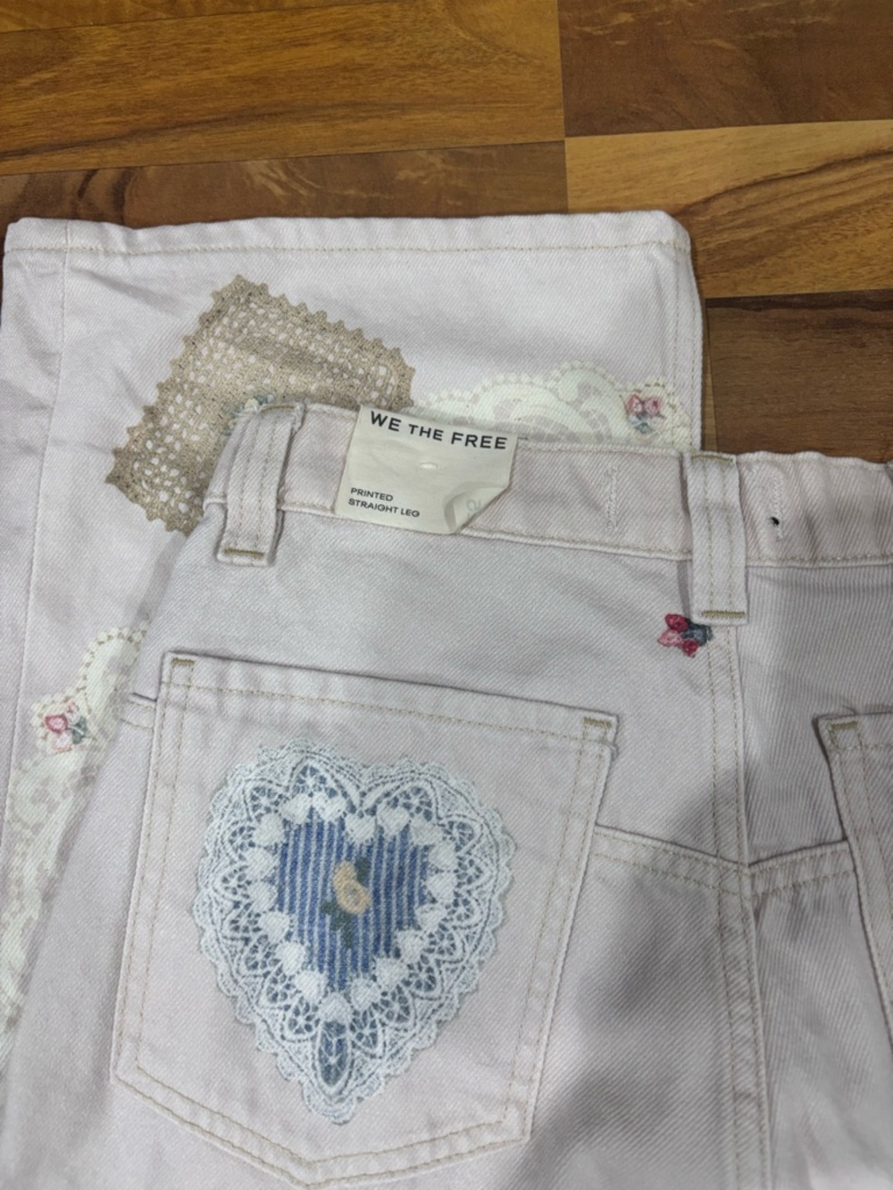 Free People Cream Straight-Leg Jeans with Pastel Heart & Floral Appliqués - Picture 5 of 11